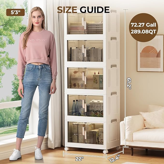 Elegant 5 Tiers Stackable Storage Bins for Home Organization, Moveable Plastic Storage Bins with Lids, Easy Assembled Storage Box for Closet Organizers and Storages Dorm 22" W x 12.4" D x 61.2" H
