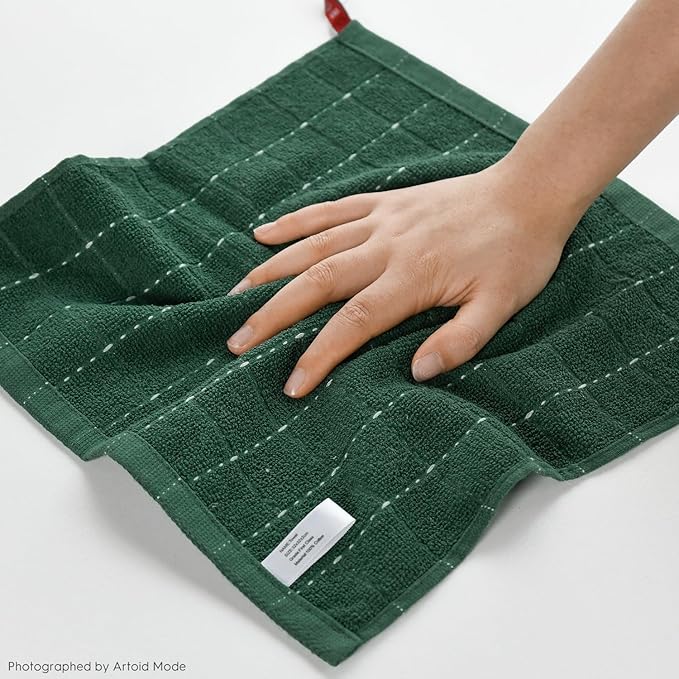 Artoid Mode Checkered Designed Cotton Grey Black Green Terry Kitchen Dish Cloths, 12x12 Inch Soft Absorbent Quick Drying Kitchen Rags Set of 6