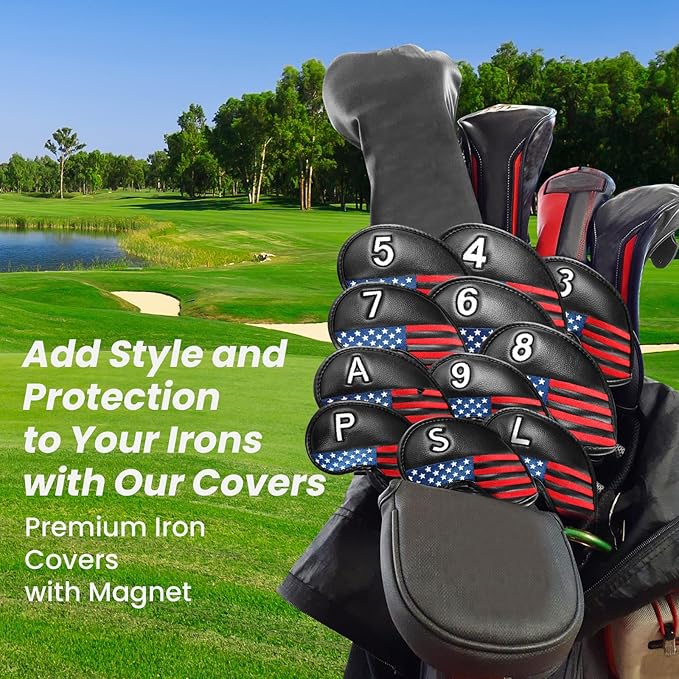 FINGER TEN Golf Club Covers for Irons Magnetic Value 11 Pack, Synthetic Leather Deluxe Head Cover Set Headcovers for Irons Fit Main Iron Clubs