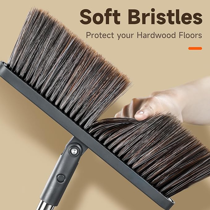 Broom and Dustpan Set for Home, Extra Brush Head & 51.6" Adjustable Long Handle, with Comb Teeth for Pet Hair, Lightweight Indoor Sweeping Kit for Hardwood Floor