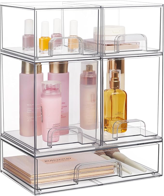 Vtopmart Stackable Storage Drawers Set of 5, Clear Plastic Organizer Bins for Beauty Supplies,Ideal for Vanity, Bathroom,Cabinet,Pantry Organization