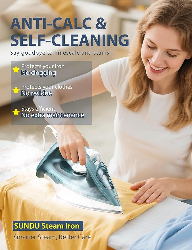 Sundu 1500W Steam Iron for Clothes, Ceramic Nonstick Soleplate for Fast Smooth Gliding, Self Clean, Auto Shut Off, 11.8oz Large Water Tank, Lightweight for Home & Travel Use, Green