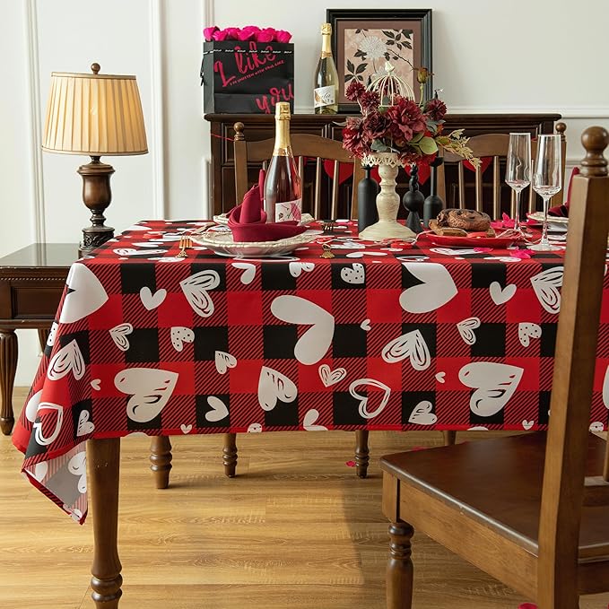 Valentine's Day Tablecloth Fabric - Oblong 58x120 Water Resistant Love Themed Plaid Table Cloth for Indoor/Outdoor Use - Love Heart Romantic Gifts Perfect for Birthday, Picnics, Parties