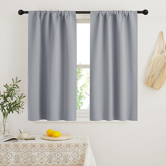 RYB HOME Kitchen Curtains 45 inch Length 2 Panels Set, Privacy Assured Drapes Room Darkening Small Window Treatment for Cafe Bathroom, W29 x L45 inch, Silver Grey