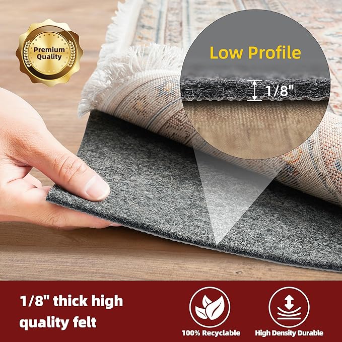 BAGAIL Felt and Natural Rubber Backing Rug Pads 1/8” Thick, 2.5 x 9.5 Ft Non Slip Rug Gripper Keep Rugs in Place, Under Area Rug Protective Cushioned Pads, Carpet Runners, Hardwood Floors Protection