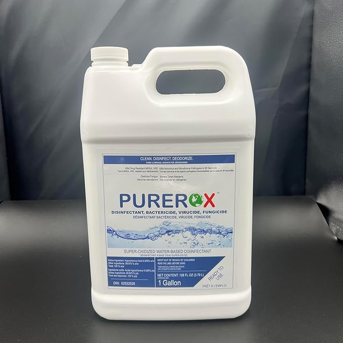 disinfectant (1 gallon) Eliminate 99.9999% viruses, Norovirus, HIV, MRSA and fungi. PUREROX Hypochlorous technology. Hospital Grade. Use Anywhere. No residue.No Rinse. Suitable All Surfaces