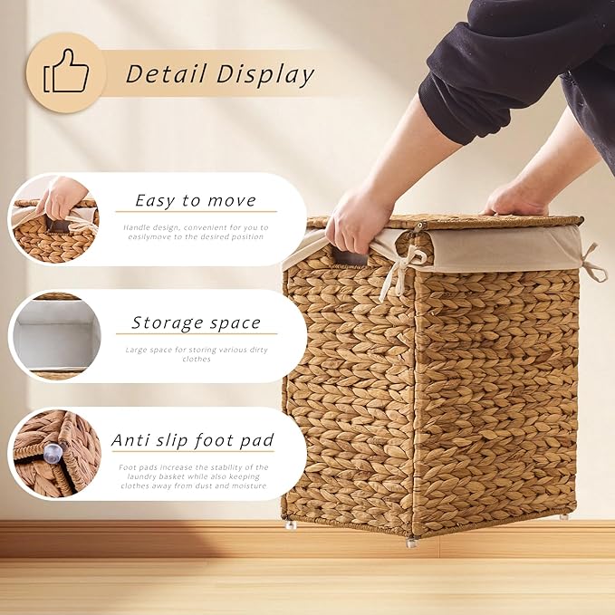 Handwoven Laundry Basket with Lid, Natural Water Hyacinth Storage Basket with Handle, Removable Cotton Liner, Durable and Stylish for Bedroom, Bathroom, Laundry Room