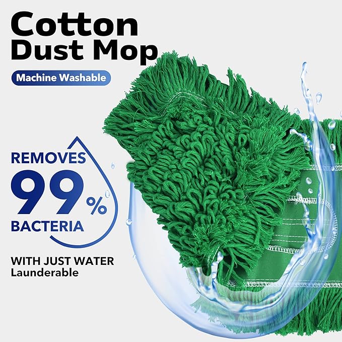 Matthew Cleaning 24'' Industrial Strength Cotton Dust Mop Refill Washable Replacement Heads for Residential & Commercial Use Fit Standard Dust Mop Frames, Hardwood,Concrete Floors Green 1 Pack