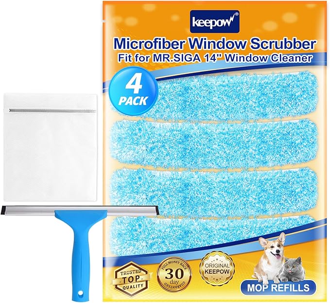 KEEPOW 14" Microfiber Window Scrubber Refill Replacement Compatible with MR.SIGA, Compatible with Ettore Professional Window Cleaning, Reusable & Washable Window Squeegee for Home (4 Pack)
