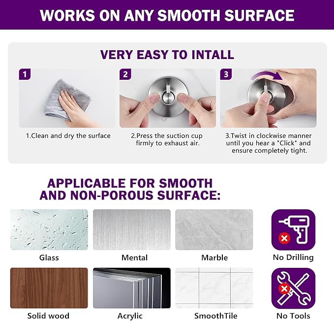 JOMOLA Brushed Stainless Steel Shower & Bathroom Hooks - No Drill Adhesive-Free Suction Cup Hardware, Rustproof Waterproof Metal Wall Mount for Towel Robe, Damage-Free (4-Pack)