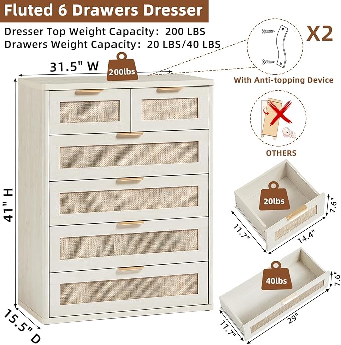 LEYAOYAO White Dresser for Bedroom, 42" Tall Chest of Drawers, Modern 6 Drawers Boho Rattan Dressers with Storage, Dresser Wooden Closet Organizer for Living Room, Hallway