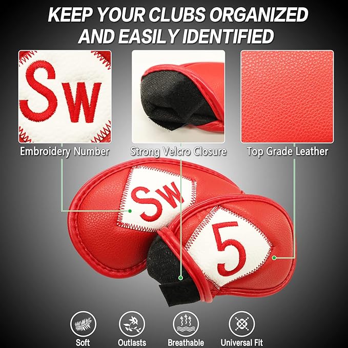 FINGER TEN Premium Synthetic Leather Stylish Iron & Wedge Golf Head Covers Value 12 Piece Set, Embroidered Labels & Fits Most Clubs Gift Set, Travel Protection Accessories