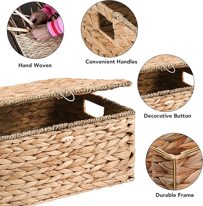 Wicker Storage Baskets with Lids and Handles, Hand Woven Rattan Storage Bins Box, Set 3 Natural Water Hyacinth Decorative Large Small Basket Container for Shelves, Bathroom Organizing