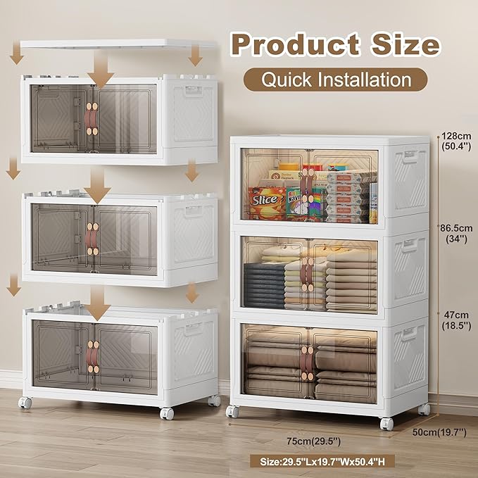 SAILUN 471QT Extra Large Collapsible Storage Bins with Wheels and Lid, Stackable Storage Bins Open Closet Organizers and Storage Storage Containers Drawers,30" L × 19.7" W × 50.4" H（3 Pack）