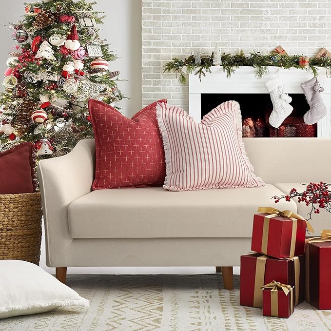 ZWJD Christmas Pillow Covers 18x18 Set of 2 Soft Polyester Textured Pillows with Stylish Flange Edge Cozy Farmhouse Christmas Decor for Couch Bed Sofa Living Room (Red)