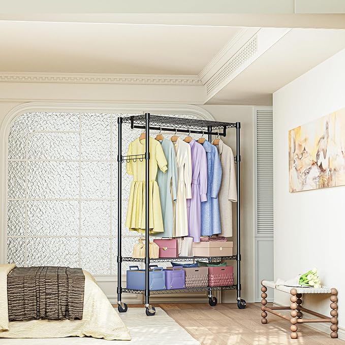 IZEUK Heavy Duty Rolling Garment Rack with 3 Adjustable Wire Shelves, 2 Hanging Rods & Side Hooks - Extra Large Mobile Clothes Rack with Wheels, 47.2" W x 17.7" D x 83.6" H, Black