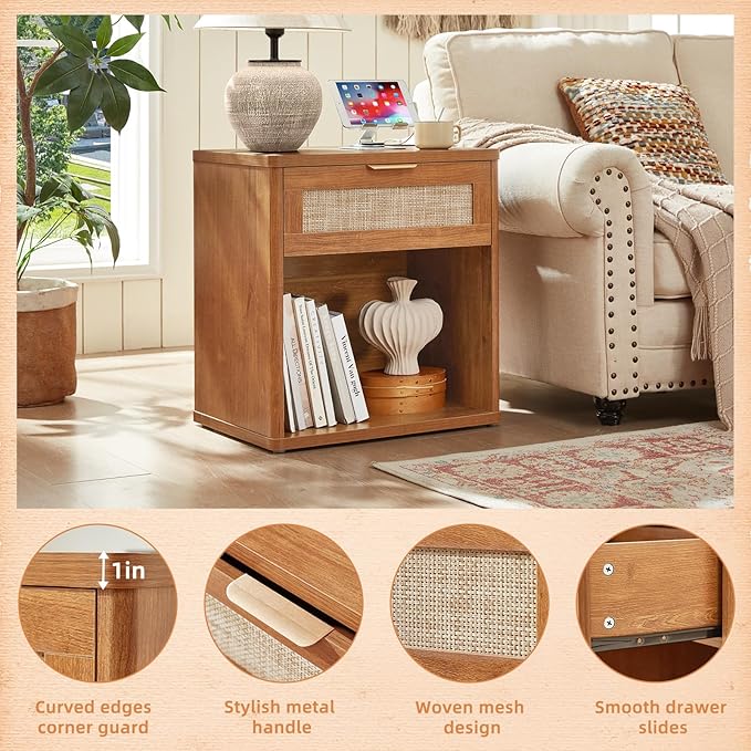 LEYAOYAO Rattan Nightstand with Charging Station, 23" Wide Boho Night Stand with Drawer, Natural Wood Bedside Table Open Storage Cabinet, Bed Side End Tables Dresser for Bedroom, Living Room, Hallway