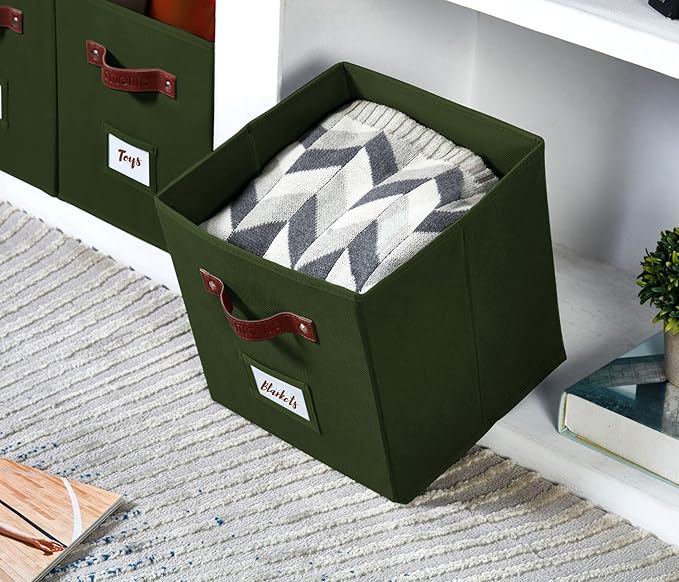 DECOMOMO Storage Bins, Cube Storage Bin with Labels, Fabric Storage Cubes for Shelves (10.5" x 11" / 6pcs, Olive Green)