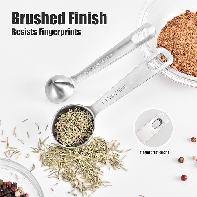 Doosu Measuring Spoons Set of 5-18/8 Stainless Steel Heavy Duty Teaspoons Tablespoons with Engraved Metric & US Measurements, Metal Measure Spoon for Dry and Liquid Ingredients, Dishwasher Safe