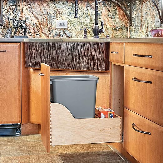 Rev-A-Shelf Pullout Trash Can for Kitchen Cabinet, Single 35 Qt Bin with 12" Wood Frame - Large Garbage Bin Container for Home Waste Storage and Recycling