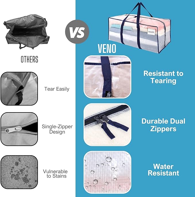 VENO 4 Pack Moving Bags Plastic Storage Totes Clothes Organization Large W Lid/Zipper. Packing Boxes/Bins Alternative. Space Saving Foldable College Supplies Essentials (Clear, 4 Pack)
