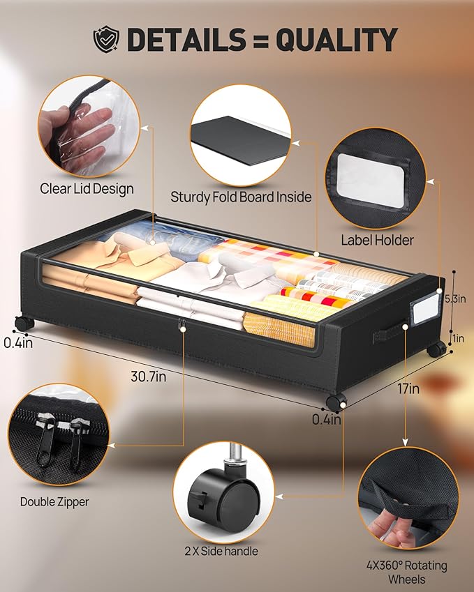 Under Bed Storage With Wheels, 2 Pack Square Containers, 60L Bins, Rolling Metal Drawer for Clothes, Blankets, Shoes