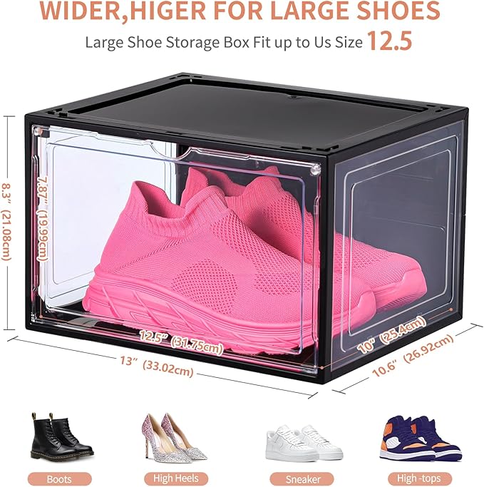 12 Pack Black Shoe Boxes Stackable,Large Shoe Storage Organizer with Magnetic Door,Drop Side Shoe Containers for Entryway,Sneaker Storage Fit up to US Size 12 for Men/Women(13’’x 10.62”x 8.26”
