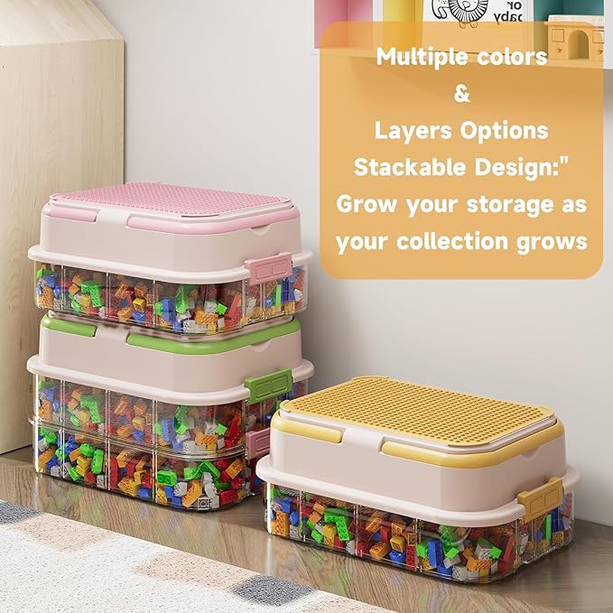 Toy Storage Organizer Box with Handle, Stackable Building Block Toy Box with Building Plate Lid & Removable Sorting Trays, Cubby Bins and Containers 2 Layer (Green)