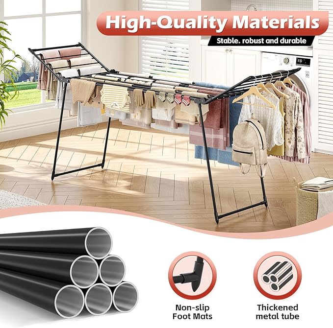 APEXCHASER Clothes Drying Rack Foldable, Large Drying Rack Clothing Retractable, Metal Clothes Airer for Bedding Towel Sweater Heavy Duty, Indoor Outdoor Use, 21.9"W x 100"L x 39"H, No Assembly, Black