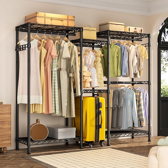 Heavy Duty Garment Rack Large Clothes Rack,Freestanding Closet Portable Clothing Rack with 7 Adjustable Wire Shelves&4 Hang Rods&2 Hooks,Metal Closet Storage Organizer Wardrobe System,MaxLoad 1000lbs