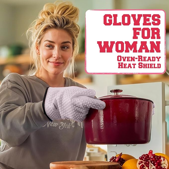 KITCHEN PERFECTION Silicone Smoker Oven Gloves for Women -Extreme Heat Resistant BBQ Gloves -Handle Hot Food Right on Your Smoker Grill Fryer|Waterproof Oven Mitts Grill |Superior Set+3 Bonuses