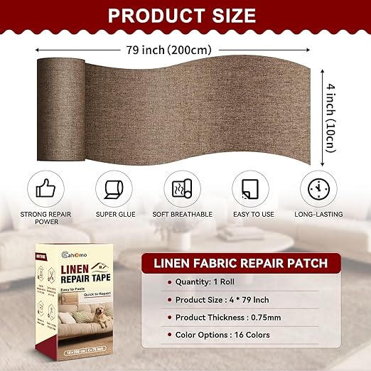 Linen Repair Tape 4x79 inch, Self Adhesive Fabric Patches, Linen Patch Tape Kit, Fabric Repair Tape for Couch Sofas, Headboards, Chairs, Pillows, Curtains, Couches - Light Brown