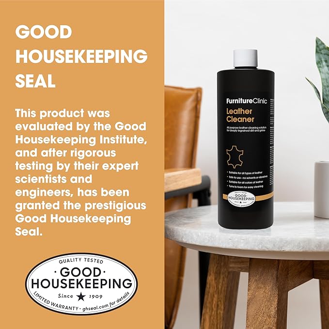 Furniture Clinic Leather Cleaner | Non-Toxic | Removes Dirt & Grime | All-Purpose Cleaning Solution for Couches, Car Seats, Purses, Shoes & Saddles | Restores All Leather Types | 8.5oz / 250ml