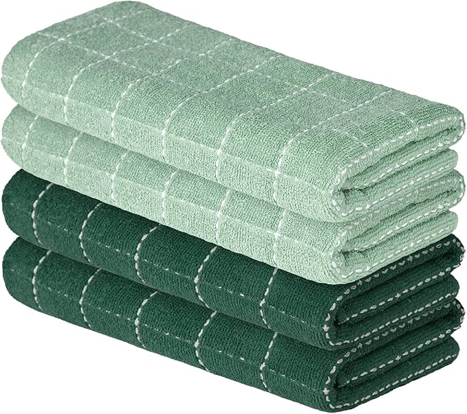 Artoid Mode Checkered Designed Cotton Dark Green Terry Kitchen Dish Towels, 15x25 Inch Soft Absorbent Quick Drying Cleaning Tea Towels Set of 4