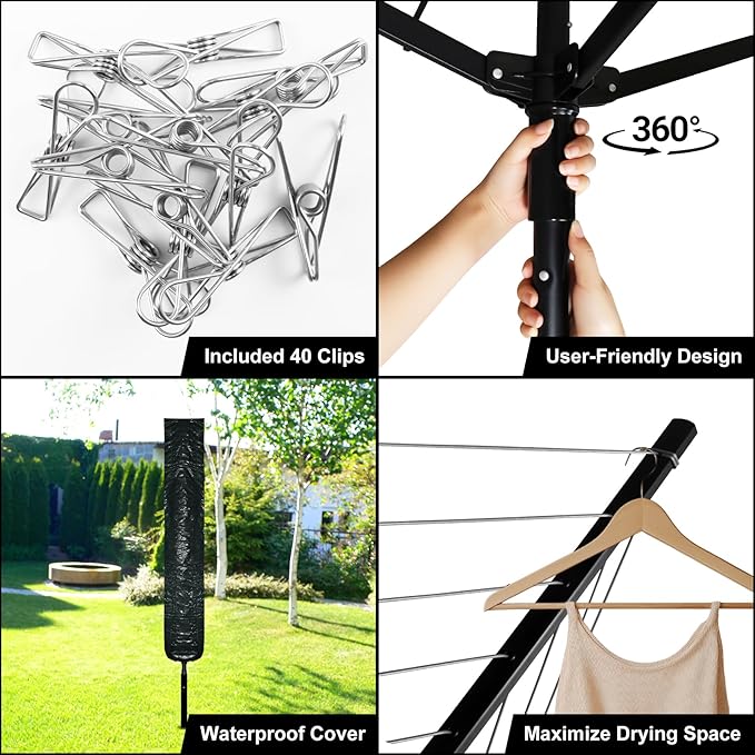 Umbrella Clothesline Outdoor with 40 Pegs, 4 Arms 12 Lines Rotary Clothesline Folding Clothes Drying Rack, 165 Ft Heavy Duty Clothes Line Outdoors for Backyard, Garden