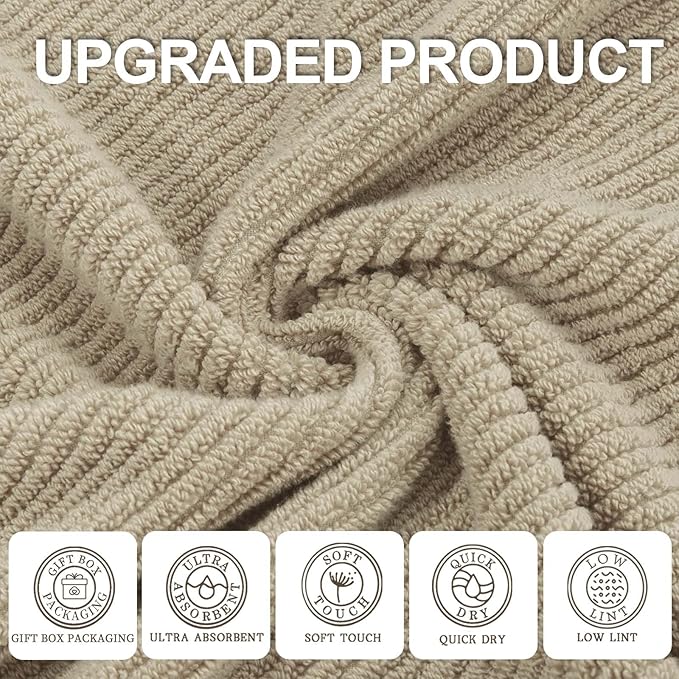 VOOVA & MOVAS Tan Bath Towels - 100% Cotton | Lightweight | Soft | Thick, 2 Bath 30"x56", 2 Hand 18"x28", 2 Washcloths 13"x13", Quick Dry Towels for Showering, Luxury Towel Gift Set, Dark Beige