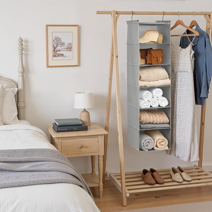 GRANNY SAYS 6 Shelf Hanging Closet Organizers and Storage, Collapsible Closet Hanging Organizer with 2 Sturdy Hooks, Large Hanging Shelves for Kids Baby Clothing Organizer, Ash Gray