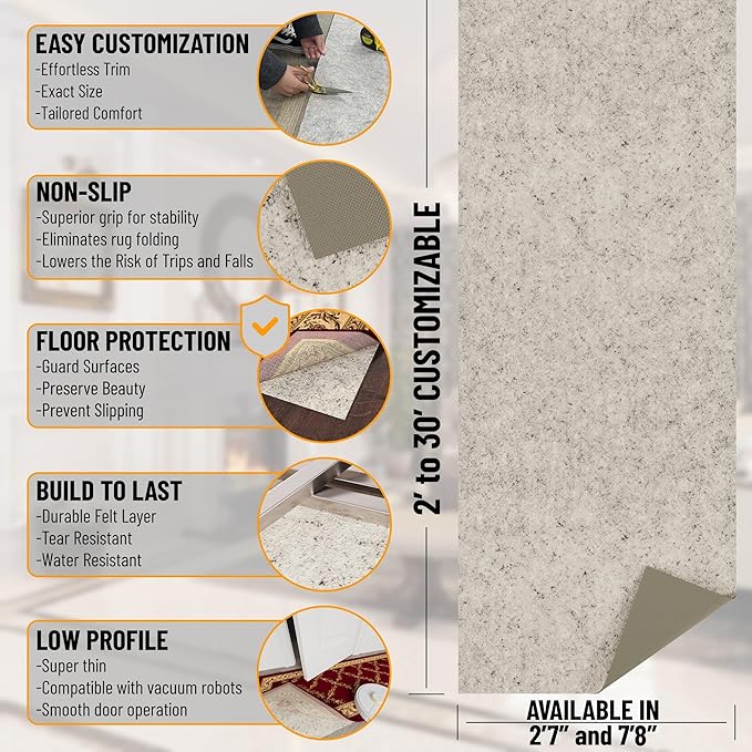 Ottomanson 7'8" x 11' Non-Slip Rug Pad Gripper 1/12 Inch Ultra Thin Dual Surface Felt + Rubber Gripper - Safe for All Floors, Cream