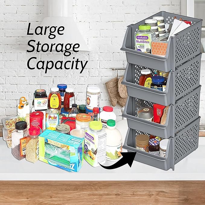 TidyFriend Plastic Stackable Bins for Pantry, 8 Pack Large Stacking Bins Open Front Kitchen, and Bathroom Organization, Open Front Design (Grey)