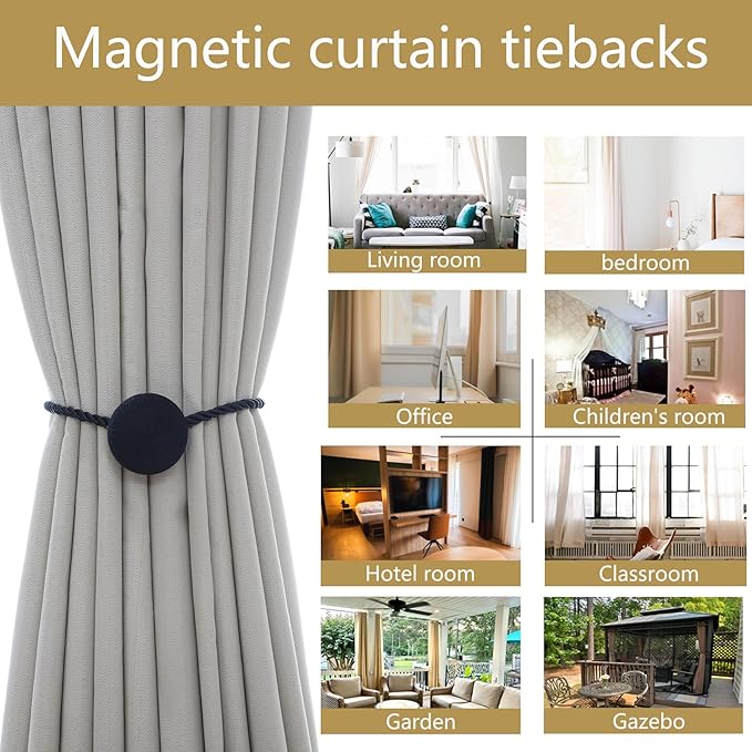 Magnetic Curtain Tiebacks - 12mm Magnetic Tie Backs for Curtains, Heavy Duty No Drill Curtain Holdbacks for Home/Office Windows Drapes, Elegant Gift-Ready Design 7 Colors (2, Black)