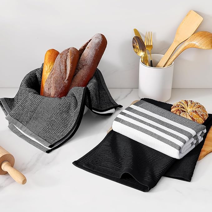 Homaxy Premium Kitchen Towels(18”x 28”, 6 Pack), Large Cotton 380 GSM Kitchen Hand Towels, Soft and Absorbent Terry Dish Towels, Multipurpose Tea Towel Set with Hanging Loop, Black