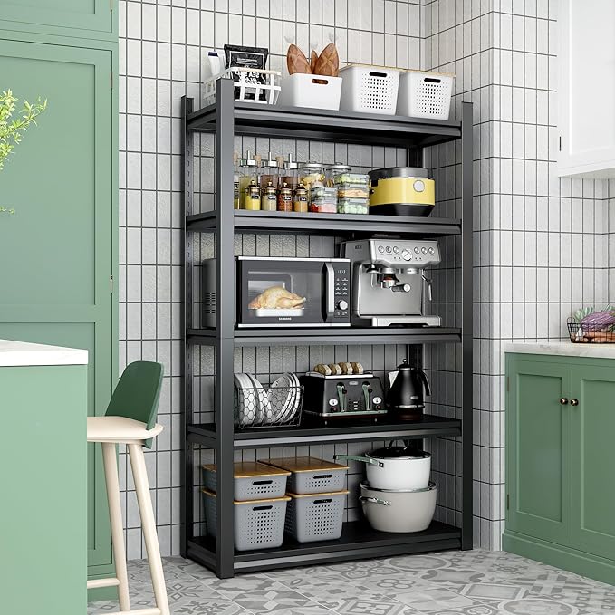 78" H Garage Shelving, Metal Storage Shelves, 3000LBS Heavy Duty Shelving, Adjustable 5 Tier Storage Rack, Industrial Utility Shelf for Garage, Warehouse, Kitchen,18" D×47.5" W×78" H, Black