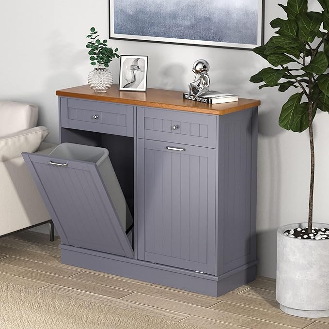 Betterhood Tilt Out Trash Cabinet 10 Gallon Wooden Free Standing Laundry Sorter Cabinet,Recycling Cabinet with Hideaway Drawer,Tilt Out Trash Cabinet Can Bin Kitchen