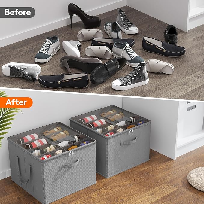 Lifewit Shoe Storage Organizer for Closet Fits 12-16 Pairs, Fabric Large Shoe Box Storage Containers with Clear Cover, Foldable Bins Fit for Boots Sneakers 17"(L) x 17"(W) x 12.5"(H) 1 Pack Light Gray