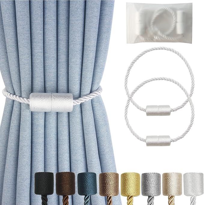 Magnetic Curtain Tiebacks 2 Pack White Rope Tieback Curtains Holders for Drapes Modern Tie Backs Decorative Window Treatment Holdbacks