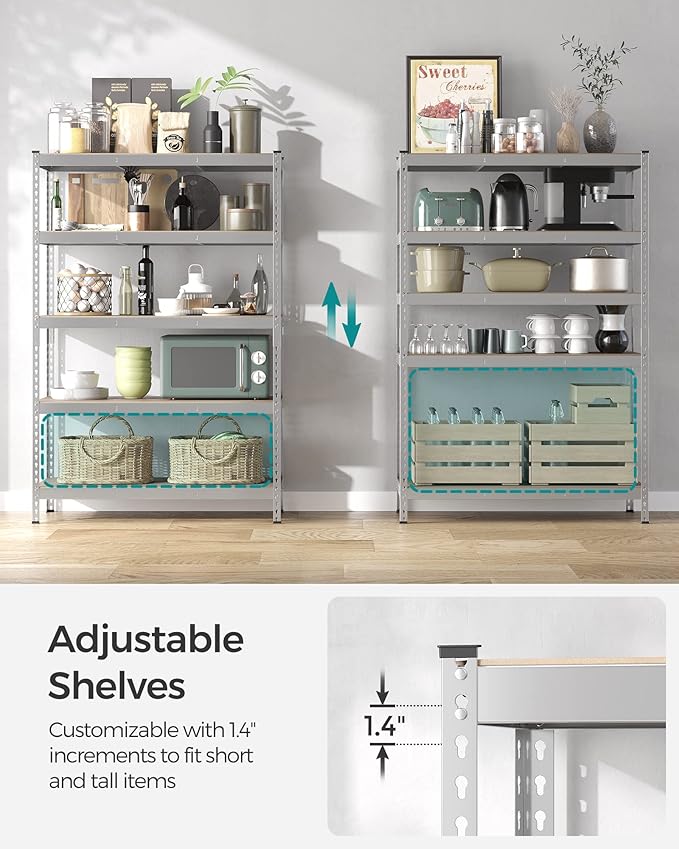 SONGMICS 5-Tier Storage Shelves, Load 2310 lb, Set of 2 Garage Storage, Boltless Assembly, Adjustable Shelving Unit, 23.6 x 47.2 x 70.9 Inches, for Study Shed Basement, Silver UGLR600E02
