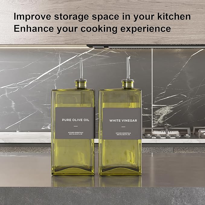 Olive Oil Dispenser for Kitchen, 16.9 oz/ 500 ml Olive Oil Dispenser Bottle, Glass Oil Bottles for Kitchen with 4 Stainless Steel Pourers, 40 Labels, 2 Pcs, Green