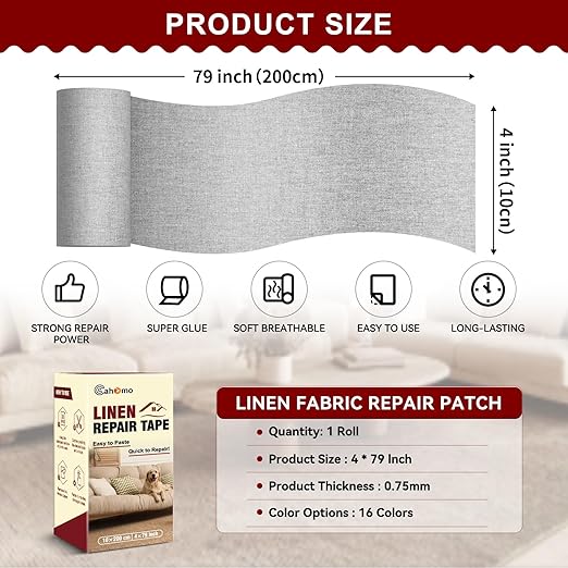 Linen Repair Tape 4x79 inch, Self Adhesive Fabric Patches, Linen Patch Tape Kit, Fabric Repair Tape for Couch Sofas, Headboards, Chairs, Pillows, Curtains, Couches- Light Grey