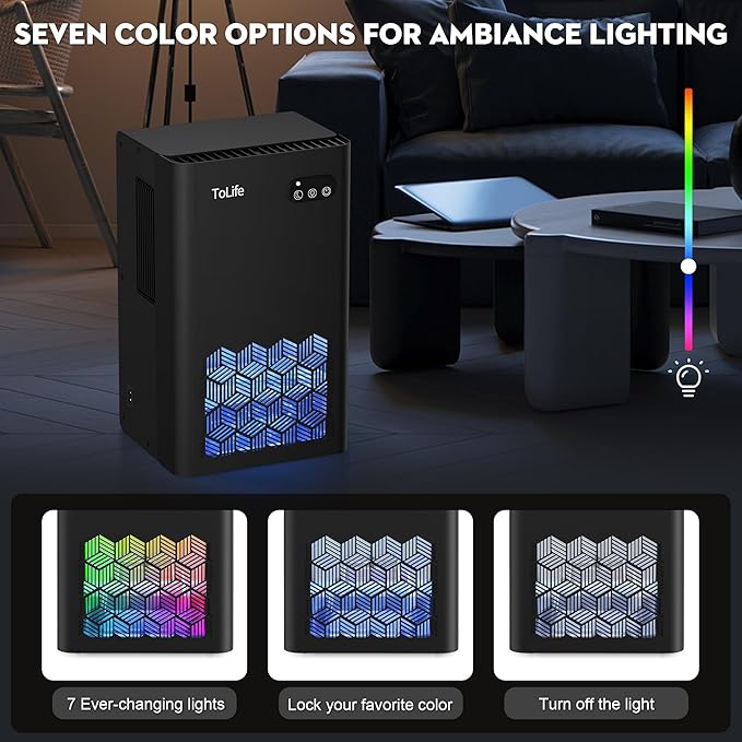 ToLife Dehumidifier for Home, 1000 sq.ft Dehumidifiers for Basement Bedroom Bathroom with 95 OZ Water Tank, Auto Shut Off 7 Colors LED Light, Black