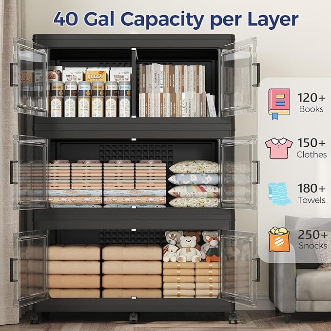 160GAL Extra Large Storage Bins with Lid, 640Qt Stackable Closet Organizers and Drawers, Collapsible Storage Bins with Wheels, Folding Storages Cabinet for Home Bedroom Office, 4Pack Black